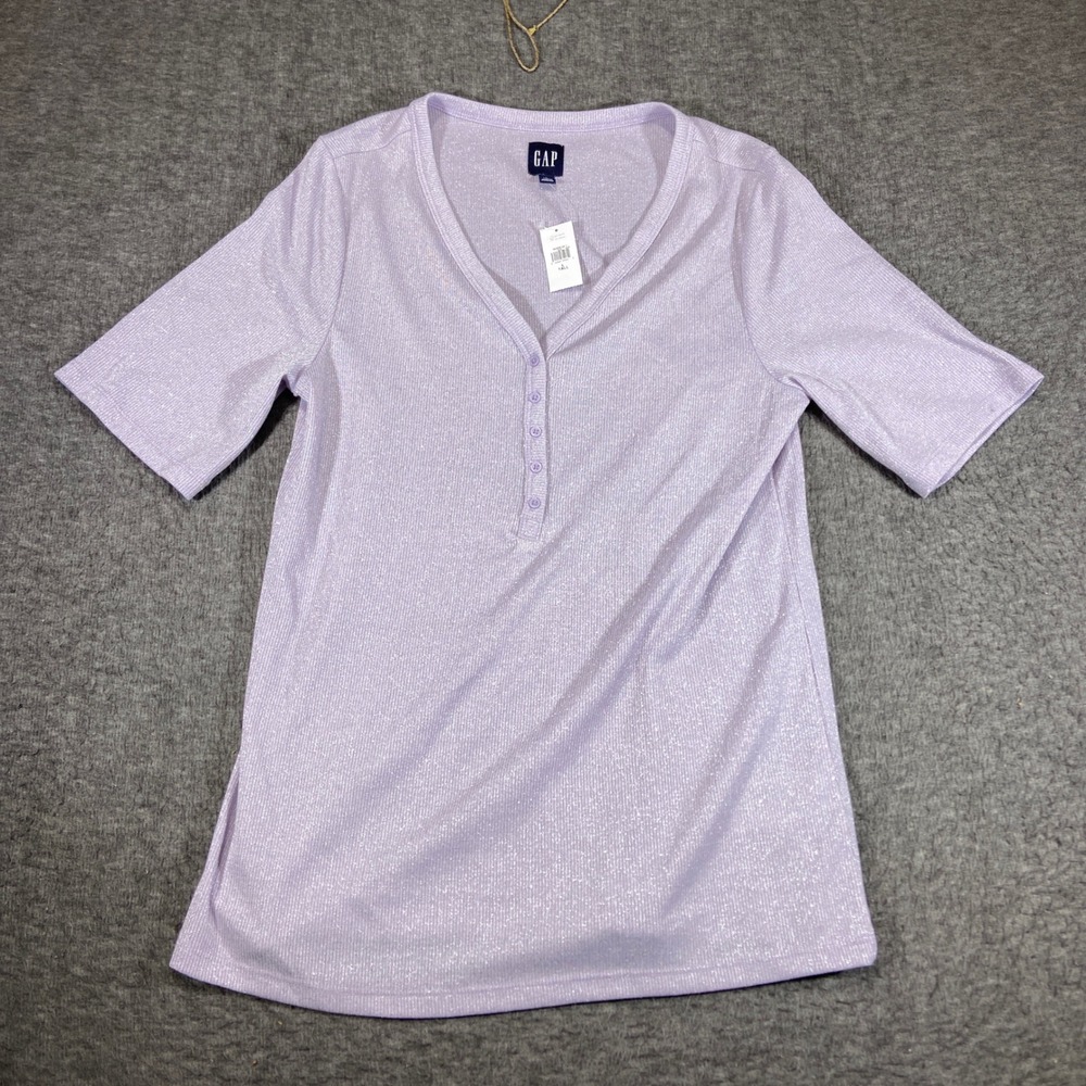 GAP SS Canyon Rib Henley Top Women Large Tall Purple Metallic Short Sleeve